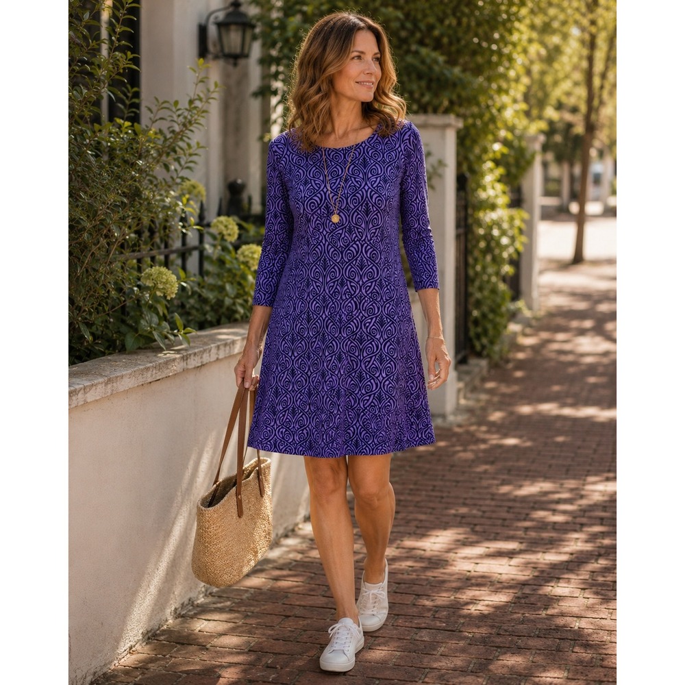 Katherine Way Shift Dress Purple Scroll Print‎ 3/4 Sleeve Preppy Small